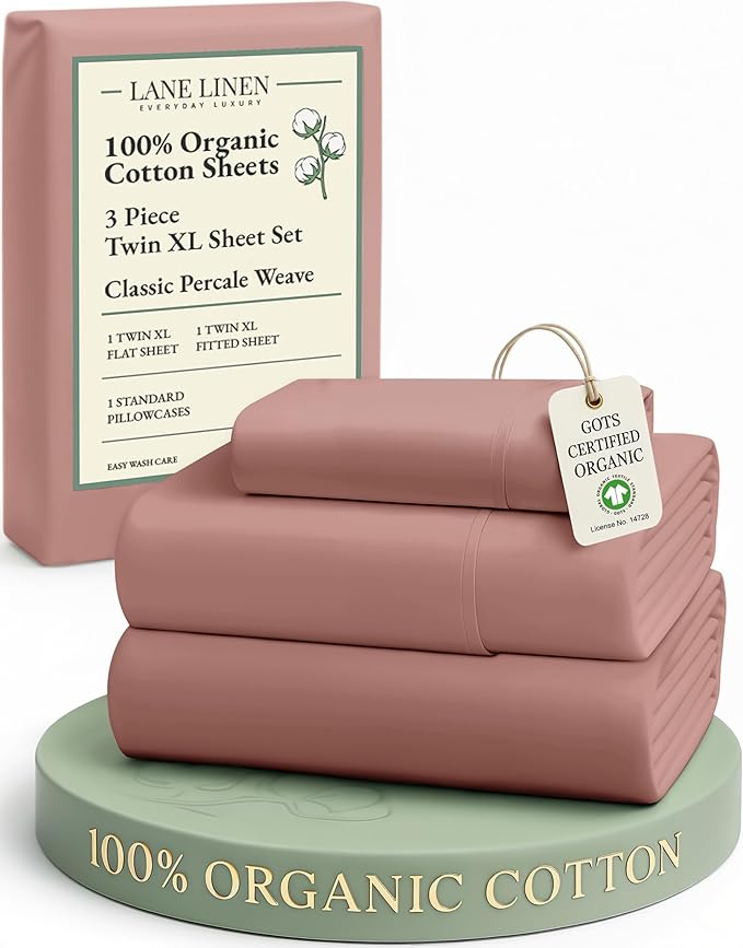 LANE LINEN 100% Organic Cotton Twin XL Sheets Set, 3-Piece Pure Organic Cotton Percale Sheets, Cotton Bedsheets, Ultra Soft Bedding Sheets, Breathable, Fits Mattress Upto 15" Deep - Rose Dawn