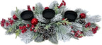 Christmas Candle Holder 3 Candle Holders Xmas Table Centerpiece with Snow Flocked Pine Branches,Pinecones, Red Berries