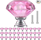 POZEAN Crystal Drawer Knobs 30 Pack, 1.18 inch Glass Knobs for Cabinet, Dresser with Two Different Sizes Screws, Diamond Pulls Handles (30mm, 30Pack, Pink-Silver)