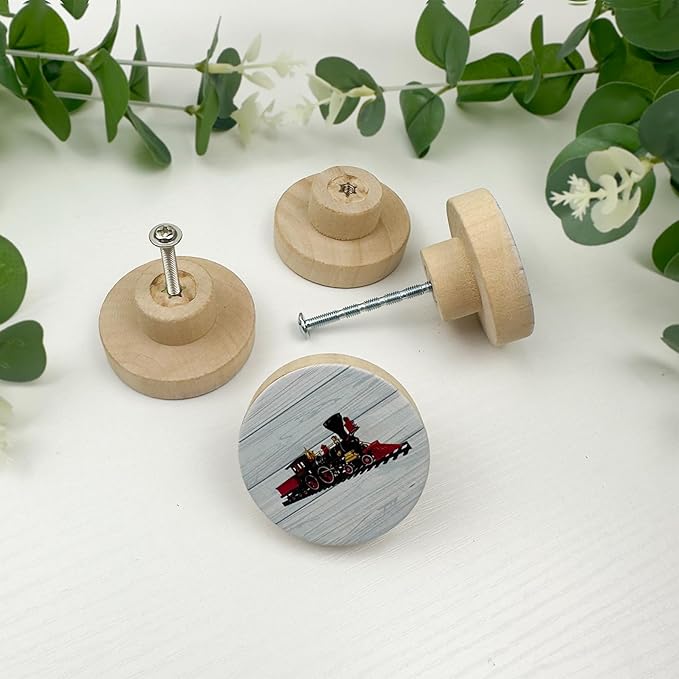 8Pack1.8 Wooden Vintage Train Steam Engine Knob Cabinet Handles Kid's Nursery Room Furniture Dresser Drawer Pulls Knobs