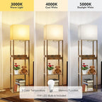 RUNTOP Floor Lamp with Shelves, Plus Shelf Lamp with Wireless Charger, 2 USB Port and Outlet, 1 Drawer, 15W LED Bulb, 3 Colors, Memory Function, Floor Lamps for Living Room, Standing Lamp for Bedroom