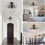WUZUPS Crystal Chandelier Flushmount Ceiling Light Modern Lighting Fixture for Bedroom Hallway Bar Kitchen Bathroom, H 17.5'' x W 19.3'', E12 Base, Black
