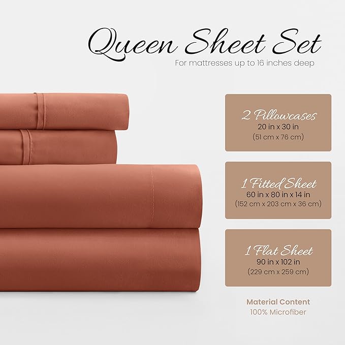 Linen Market Bed Sheets for Queen Size Bed (Clay) - Sleep Better Than Ever with These Soft and Cooling Queen Sheets - Deep Pocket Fits 16" Thick Beds - 4 Piece Queen Sheet Set