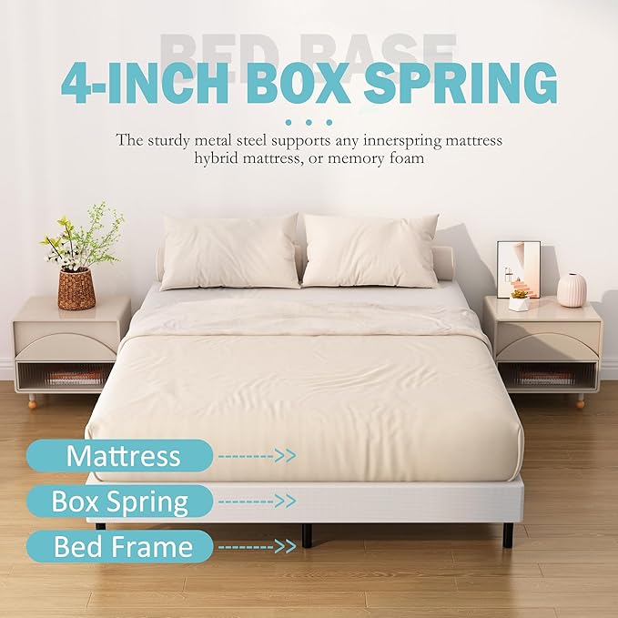 Box Spring for Queen Bed Bed Base 4 inch, Low Profile Metal Queen Box Spring with Fabric Cover, 3000 Lbs Max Weight Capacity Mattress Foundation, Noise-Free, Easy Assembly