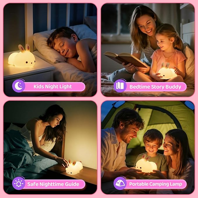 One Fire Bunny Toys for Kids Night Light for Kids, 16 Colors Cute Lamp, Soft Silicone Baby Night Light, 1200mAh Portable Dimmable Touch Lamps, Kawaii Room Decor, Christmas Gifts for College Girls
