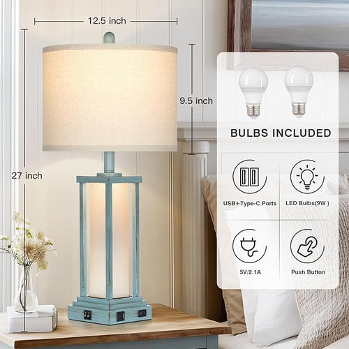 27" Tall Vintage Table Lamp Set of 2 with USB C+A & Outlet,Nightstand Lamp for Living Room,Coastal Bedside Lamps with Frosted Glass Night Light for Bedroom Entryway,Blue