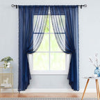 Treatmentex Pompom Sheer Window Curtains for Boy's Bedroom Guest Room Navy Blue Slub Textured Sheer Drapes for Window Office 108" Length, 52" w x 2 Pack Rod Pocket