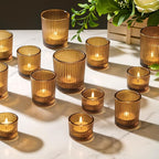Mumufy 48 Pcs Assorted Votive Candle Holders Ribbed Glass Tealight Candle Holder Bulk for Table Centerpiece, Baby Shower, Home and Wedding Party Decoration (Amber)