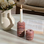 WORHE Candle Holders Italy True Natural Travertine Stone 0.4" Thick Set of 2 Marble Candlestick Holder for Christmas Wedding Dinning Party for 3/4 inch Candles Color Red (WH025)