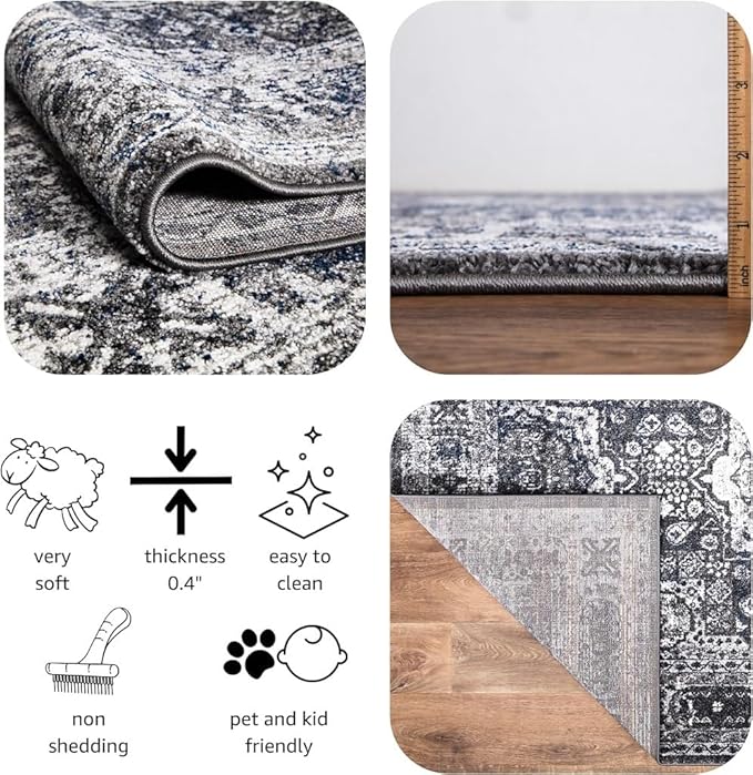 Keen Home Design Area Rugs - Non-Shedding, Thick Pile Abstract Rugs for Kitchen, Living Room, Bedroom, Dining Room, Entryway (Medallion Grey/Blue/Cream, 5'11'' x 9'2'')