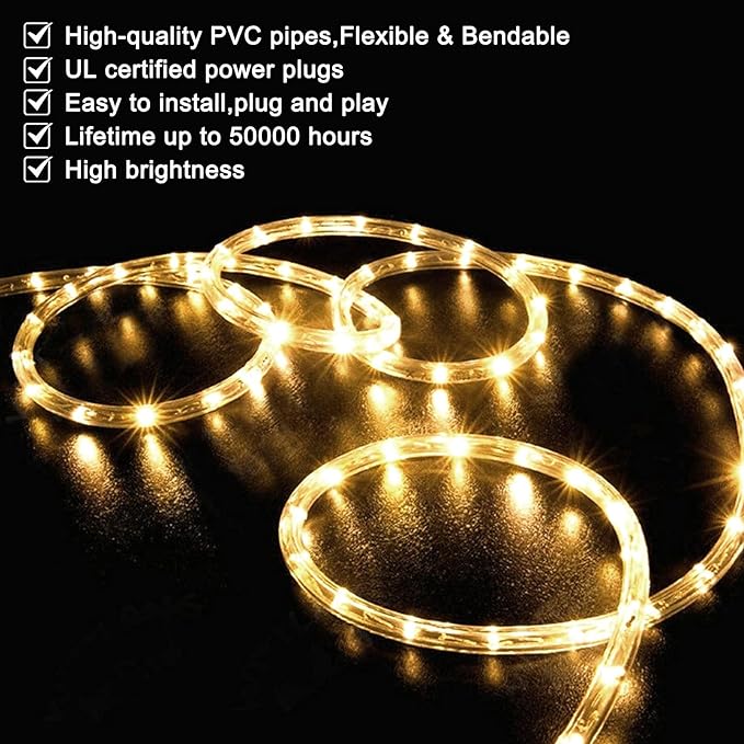 SURNIE LED Rope Lights Outdoor Warm White, Waterproof 18FT Cuttable 3000K Soft Lighting Indoor 110V Flexible Clear Tube for Bedroom Outside Garden Deck Patio Camping Decor, Not Flat Strip