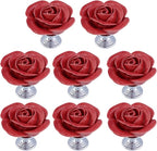 8PCS 1.57" × 1.38" Ceramics Begonia Red Rose with Base Knobs Flower Shaped Pulls for Cupboard Drawer, with 2 Kinds of Screws