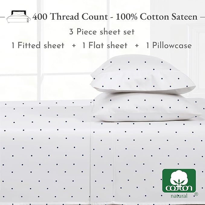 California Design Den Deep Pocket Twin Sheets Set - 400 Thread Count Sateen, Natural 100% Cotton Sheets, Cooling and Durable Bedding Set - Polka Dot
