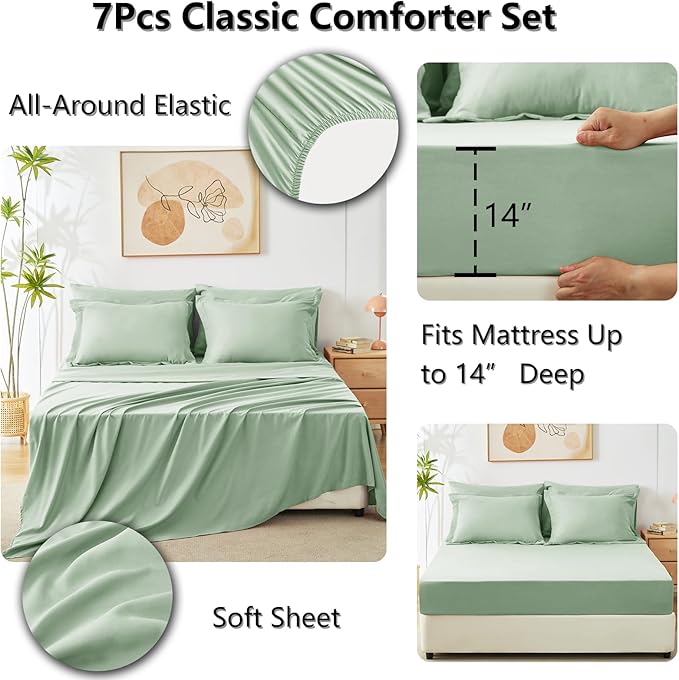 CozyLux King Size Comforter Set Sage Green - 7 Pieces Bed in a Bag King, Luxury Soft Bed Set for All Seasons, Bedding Set with Down Alternative Comforter, Sheets, Pillowcases & Shams