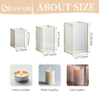 Glasseam Hurricane Glass Candle Holder: Ribbed Gold Pillar Candle Holders Set of 3 Square Metal Candle Holders for Table Centerpiece Modern Small Lanterns Decorative Indoor for Christmas Wedding Decor