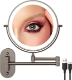 FASCINATE Rechargeable Wall Mounted Lighted Vanity Mirror 8 Inch 1X/10X Magnifying Makeup Mirror with 3 Color Lights, Double Sided Dimmable, 360 Degree Screen Touch,Bathroom Shaving Mirror (GunBlack)