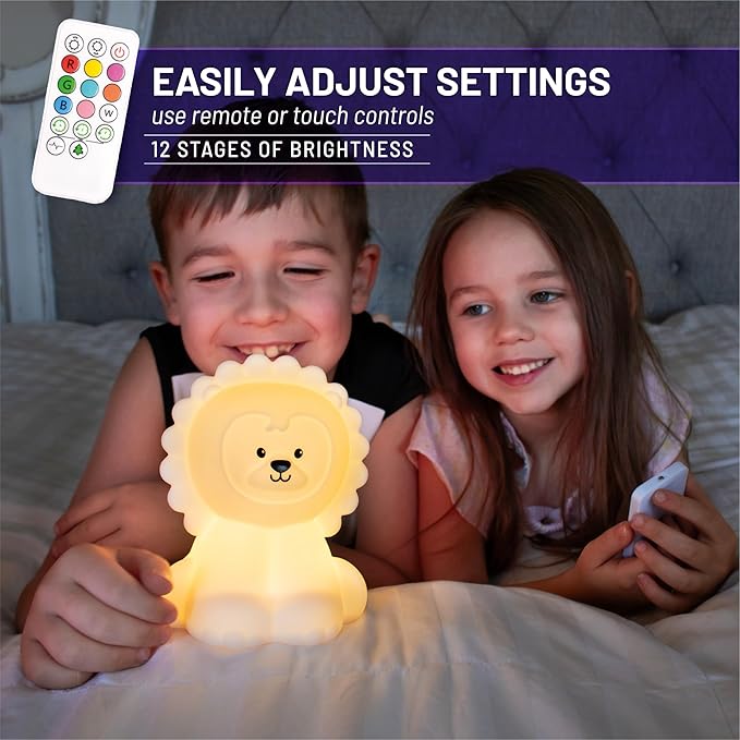 Lumipets Remote Control Silicone Night Light for Kids - Lion Design with 9 Soft Colors & Sleep Timer - Rechargeable, Battery-Operated Lamp for Bedroom | Baby Nursery, Toddler, Girls, Boys