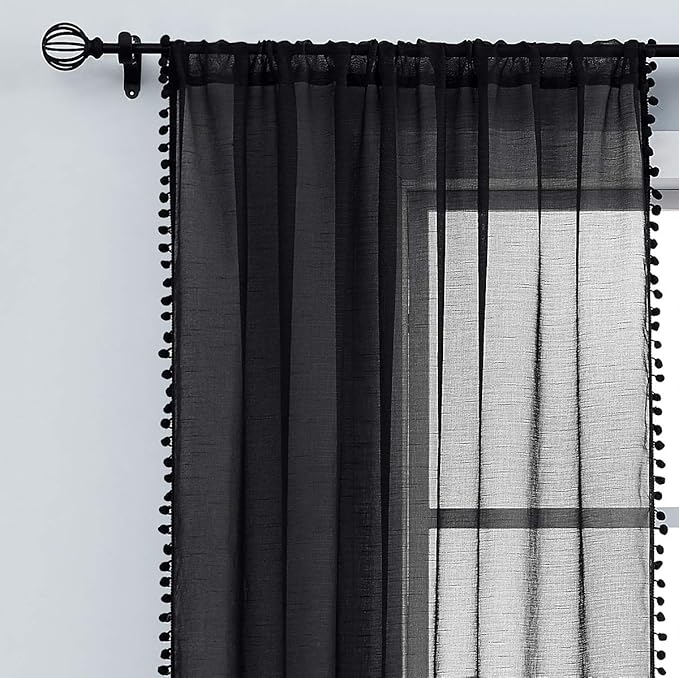 Treatmentex Black Sheer Curtains for Living Room 95" Linen Texture Chic Curtain Panels Pom Pom Trimmed Voile Drapes for Bedroom Office Children's Room 2pcs