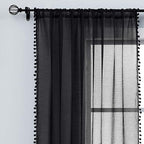 Treatmentex Black Sheer Curtains for Living Room 95" Linen Texture Chic Curtain Panels Pom Pom Trimmed Voile Drapes for Bedroom Office Children's Room 2pcs