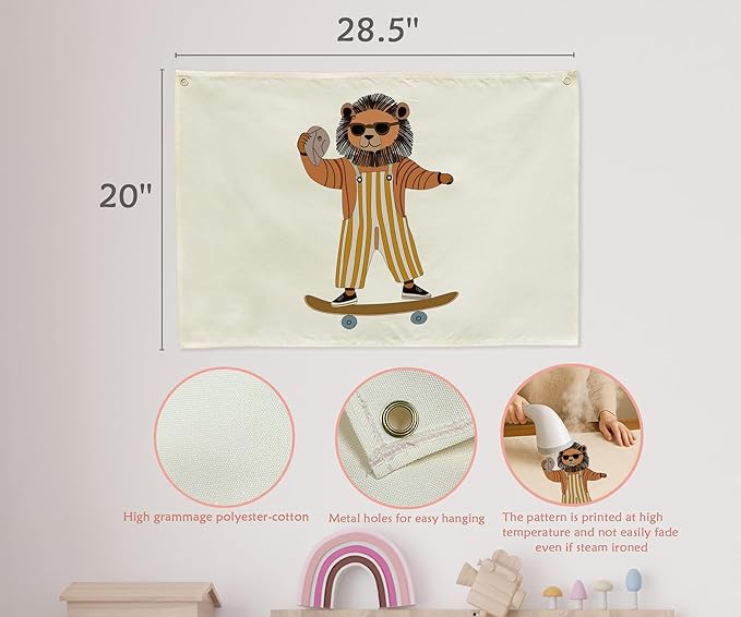 Lion Skateboarding Nursery Rectangular Canvas Banner-Flag Wall Sign Decor for Toddler Boys Kids,Baby Room Above Crib Playroom Reading Room Bedroom Dorm Decor-Baby Shower Birthday Christmas Gift