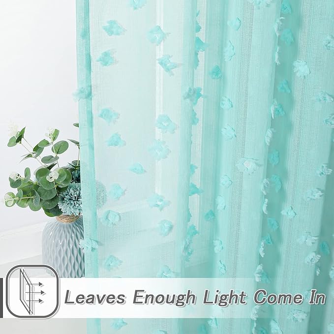 MYSKY HOME Pom Pom Aqua Sheer Curtains for Bedroom Living Room Light Filtering Semi-Sheer Curtains for Nursery Girls Kids Room Rod Pocket Boho Voile Draperies Aqua 52 x 95 inch 2 Panels