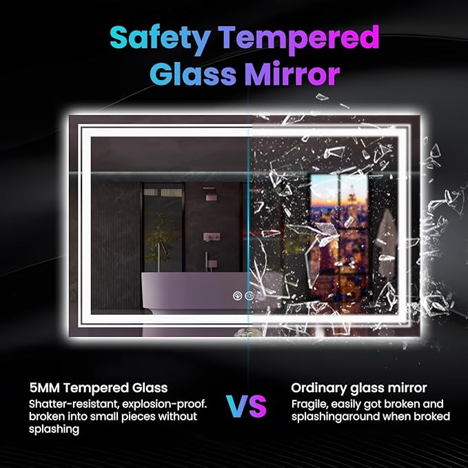 LED Mirror for Bathroom, 55"X36" with 8 RGB Backlit +3 Front Lit (Adjustable Individually), Anti-Fog, Large Lighted Bathroom Vanity Mirror for Wall,Shatterproof,Memory Function,Tempered Glass