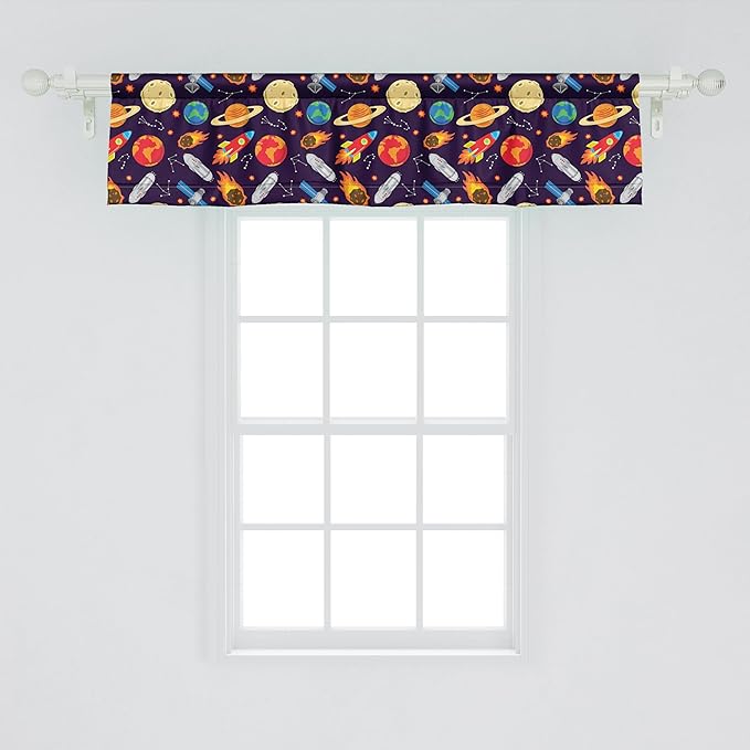 Ambesonne Space Window Valance Pack of 2, Universe Themed Illustration with Earth Moon Constellations Saturn Rockets Stars, Rod Pocket Curtain Valances for Kitchen Bedroom, 42" X 12", Dark Night Blue
