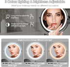 Rocollos Rechargeable Wall Mounted Lighted Makeup Mirror, 8 Inch Double-Sided LED Vanity Mirror 1X/10X Magnification,3 Color Lights Touch Screen Dimmable 360°Swivel 13 Inch Extendable