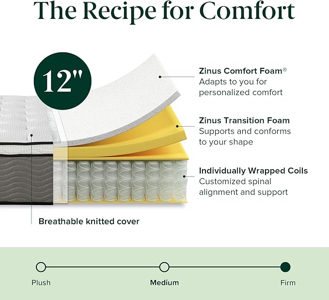 ZINUS 12 Inch Support Plus Pocket Spring Hybrid Mattress, Full, Strong Coils for Durable Support, Pocket Innersprings for Motion Isolation, Mattress in A Box