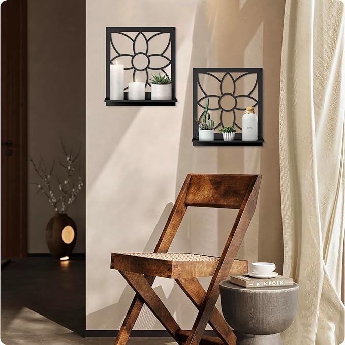 Flower Candle Wall Sconce, Retro Bathroom Wall Decor, Black Minimalism Wall Art for Living Room Bedroom Bathroom (2 Pack 11.8 x 13 in)
