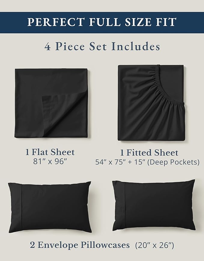 LANE LINEN 100% Organic Cotton Full Sheets Set, 4-Piece Pure Organic Cotton Percale Sheets, Long Staple Cotton Sheet, Ultra Soft Bedding Sheet, Breathable,Fits Mattress Upto 15" Deep - Black