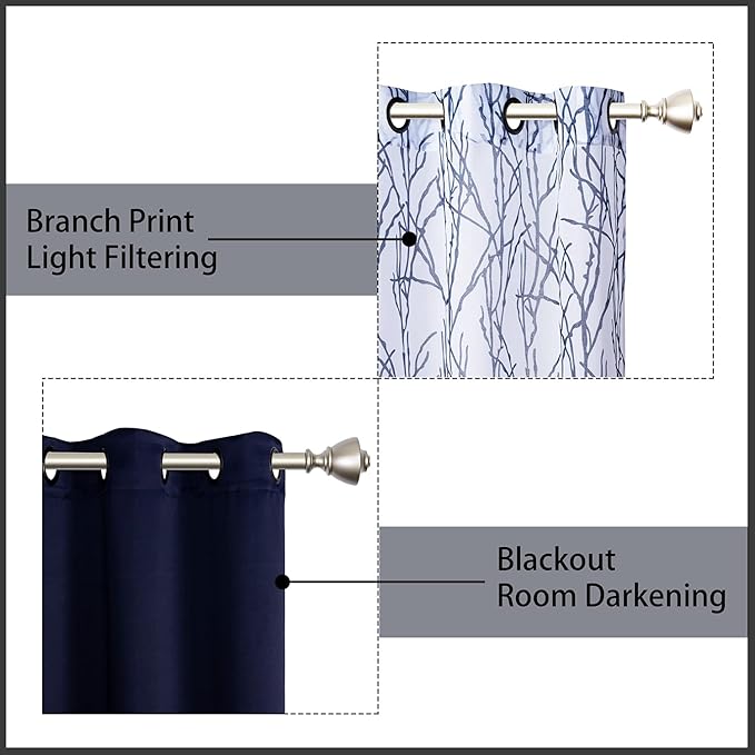 BONZER Mix and Match Curtains - 2 Pieces Branch Print Sheer Curtains and 2 Pieces Blackout Curtains for Bedroom Living Room Grommet Window Drapes, 54x84 Inch/Panel, Indigo, Set of 4 Panels