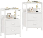Furologee Nightstands Set of 2, End Table with 2 Fabric Drawers, Night Stand with 2 Hooks, Open Wood Shelf Bedside Table for Bedroom/Living Room/White