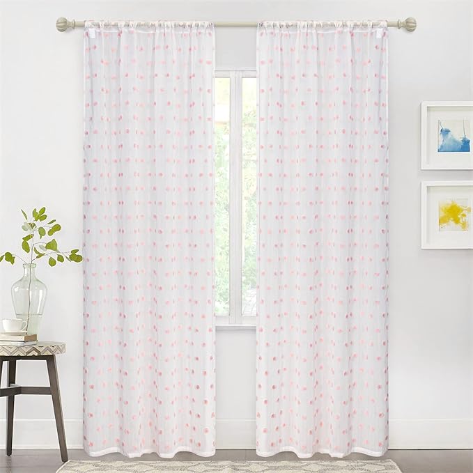 MYSKY HOME Pom Pom Sheer Curtains for Girls' Bedroom & Nursery - Pink, 72 Inch Long, 2 Panels, Light Filtering, Rod Pocket, Semi Window Drapes, 38 x 72 inch