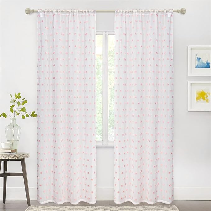 MYSKY HOME Pink Curtains for Living Room 84 Inch Long Pom Pom Bedroom White Sheer Curtains for Nursery Girls Light Filtering Rod Pocket Bohemian Voile Window Drapes 38 x 84 in 2 Panels