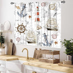 Nautical Kitchen Curtains, Vintage Marine Coastal Sailboat Compass Anchor Ocean Beach Lighthouse Watercolor Decorative Drapes for Bedroom Living Room Kitchen Bathroom Window 2 Panels Set, 55x39 Inch