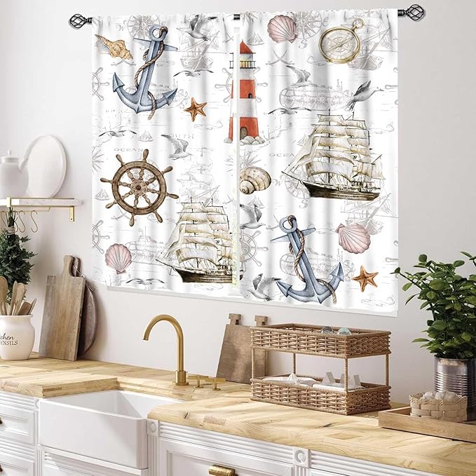 Nautical Kitchen Curtains, Vintage Marine Coastal Sailboat Compass Anchor Ocean Beach Lighthouse Watercolor Decorative Drapes for Bedroom Living Room Kitchen Bathroom Window 2 Panels Set, 55x39 Inch