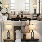27.5" Black Farmhouse Table Lamps Set of 2, Tall Vintage Lamps for Living Room with USB A+C Charging Ports & AC Outlet, Rustic Bedside Lamp with Night Light, Bedroom Lamp for Nightstand Side End Table