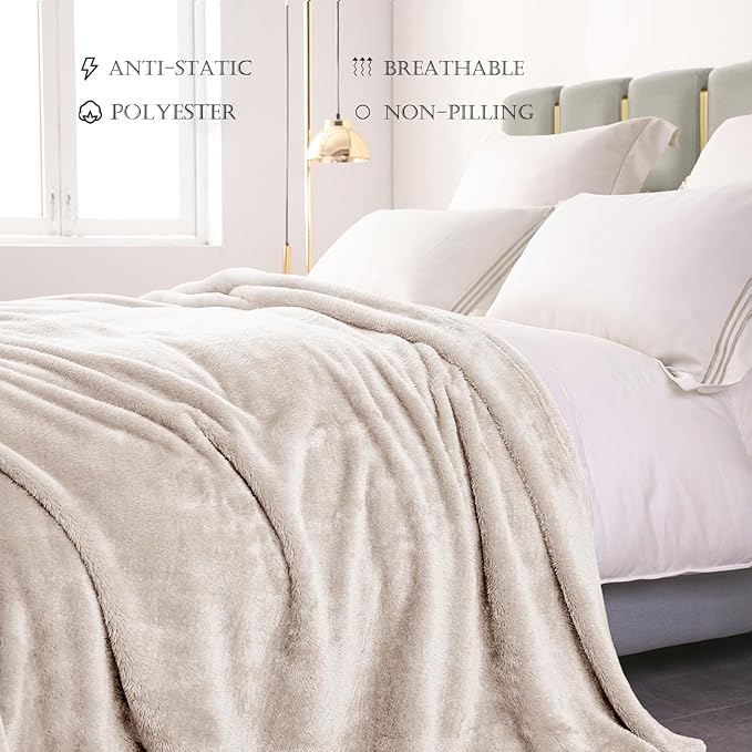 Exclusivo Mezcla Plush Fuzzy Fleece Bed Blanket Queen Size, Super Soft, Fluffy and Warm Blankets Suitable for All Seasons (Beige, 90x90 Inches)