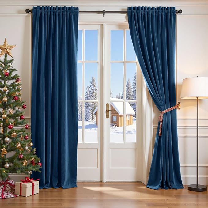 Lazzzy Velvet Blackout Curtains Thermal Insulated Room Window Drapes Super Soft Luxury Curtains for Living Room Bedroom Rod Pocket 2 Panels, Dark Blue, 52" W x 120" L