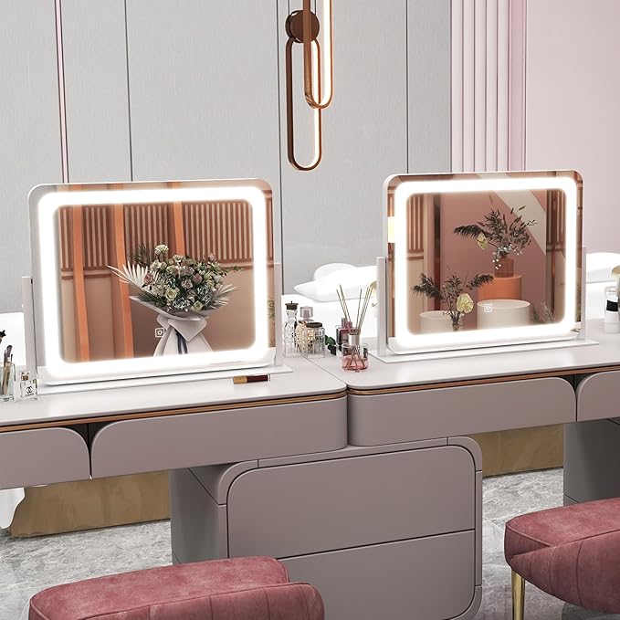 22x17 Inch Lighted Vanity Mirror with Dimmable LED Lights - 3 Color Modes, Smart Touch Control & 360° Rotating Base - Desk Makeup Mirror (White)
