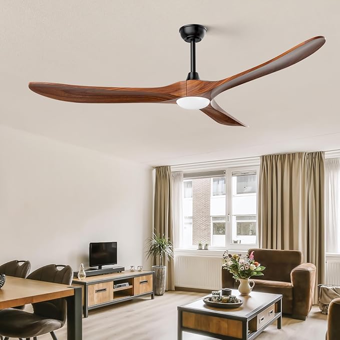 Obabala Ceiling Fans with Lights and Remote, 60inch Outdoor Ceiling Fan 3 Solid Wood Blades Fan with 3 Downrods for Patios, Modern Ceiling Fan with Noiseless Reversible DC Motor (Solid Wood, 60in)