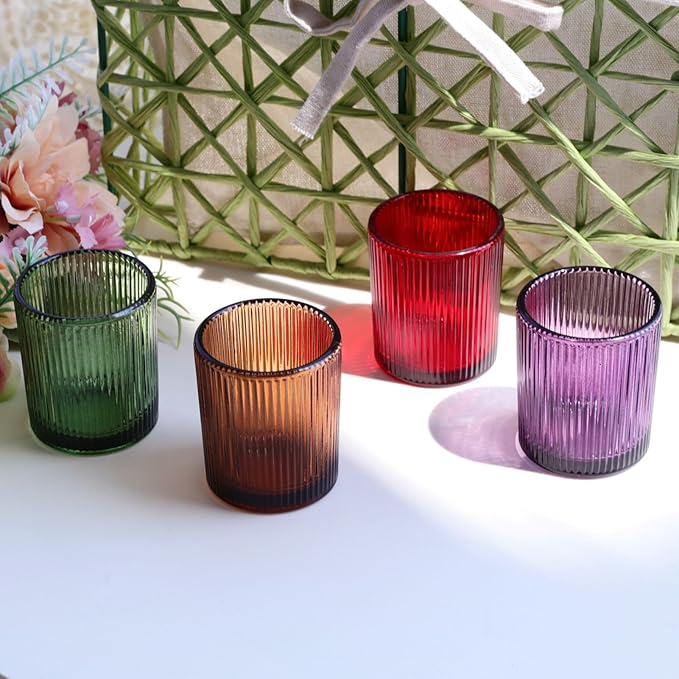 VOHO 4 Colors Ribbed Votive Candle Holders for Fall Decor, Set of 12 Tealight Candle Holder Easter/Halloween/Thanksgiving Decorations, Christmas Tea Light Candle Holder Glass Dining Table Centerpiece