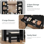 usikey Vanity Desk with Mirror & Lights, Makeup Vanity Table with 2 Large Drawers, 6 Storage Shelves & Stool, Bedroom Dressing Vanity Table with 3 Color Light Adjustable, Black