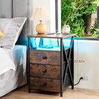 AMHANCIBLE LED Nightstand with Charging Station, Smart End Side Table with USB Port & Power Outlet, Bedside Table with Fabric Drawers for Bedroom, Living Room, Rustic Brown, HET053LBR-1