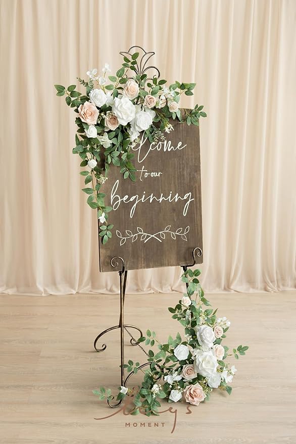Ling's Moment 2pcs Wedding Flowers Garland Artificial Floral Swag Arch Decorations Rose Greenery Arrangements White & Sage Ceremony Reception Garden Easel Wall Entryway Outdoor board(NOT Include Sign)