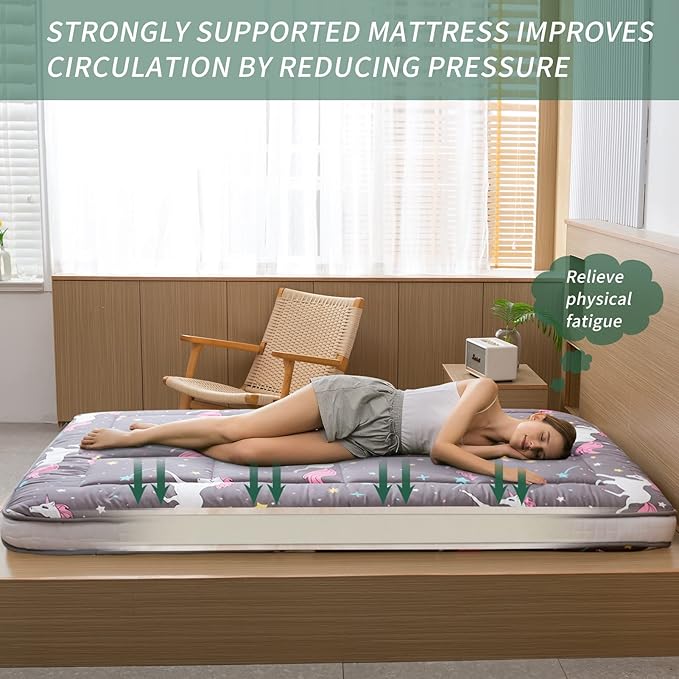 MAXYOYO Unicorn Pattern Futon Mattress, Padded Japanese Floor Mattress Quilted Bed Mattress Topper, Extra Thick Folding Sleeping Pad Breathable Floor Lounger Guest Bed for Camping Couch, Grey, Queen