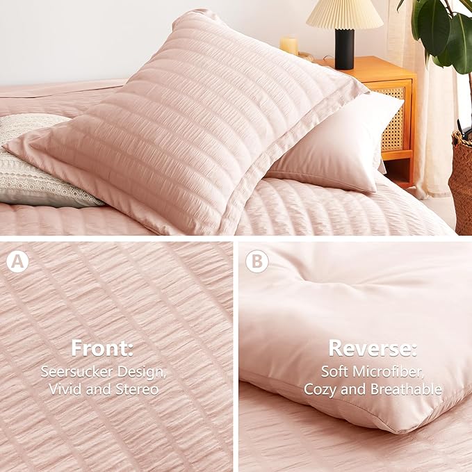 CozyLux King Size Comforter Set Blush Pink Seersucker 7 Pieces Bed in a Bag King Comforter Set with Sheets, Luxury Bedding Set with Down Alternative Comforter, Sheets, Pillowcases & Shams All Seasons