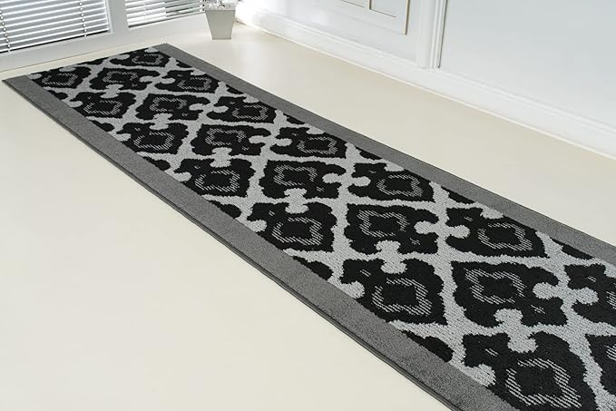 Custom Length Cut to Size Fleur de Lis Inspired Carpet Runner Rug for Hallways, Non Slip Rubber Backed, 31 inch Wide X Customized Length, Royal Grey, 31 inch X 5 feet