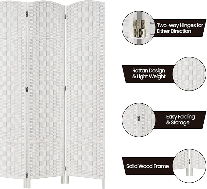 Rose Home Fashion Room Divider, 6 ft Tall Room Dividers and Folding Privacy Screens, 16in Privacy Screen 8 Panel White Space Temporary Wall Foldable Partition Separation